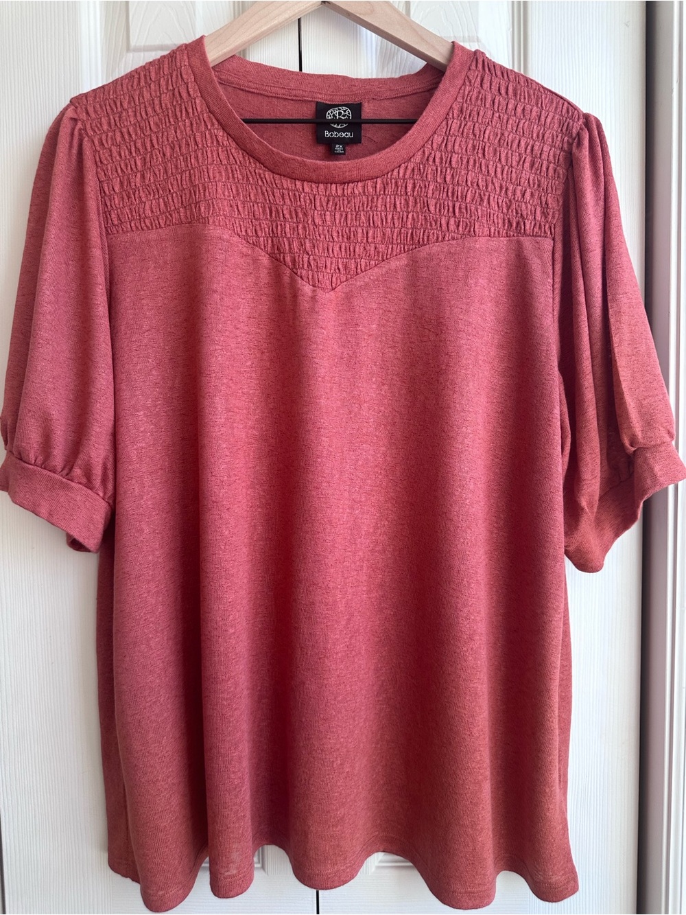 bobeau Terracotta Smocked Yoke Short Sleeve Tee